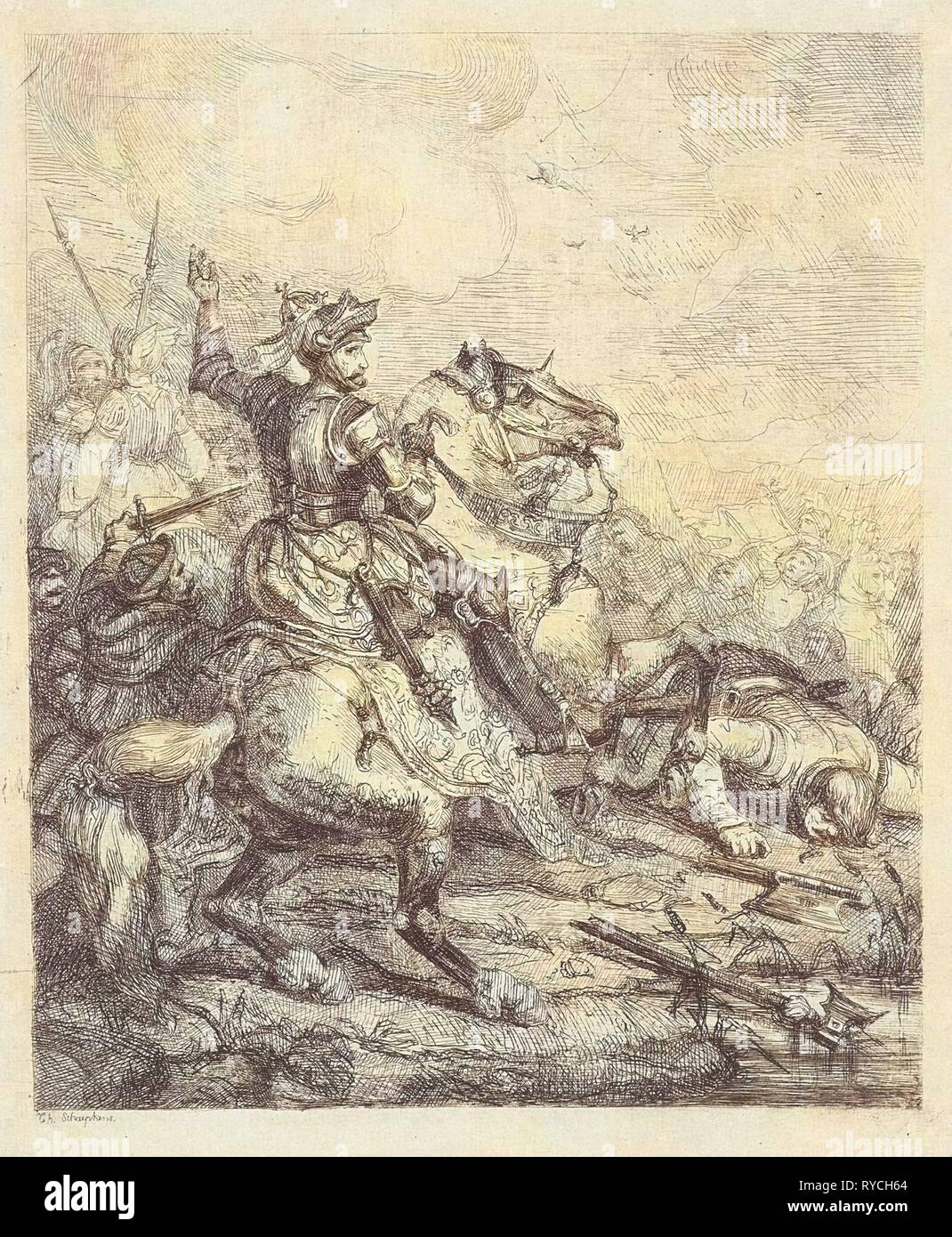Henry II, Holy Roman Emperor on horseback in battle, Theodoor Schaepkens, 1835 Stock Photo