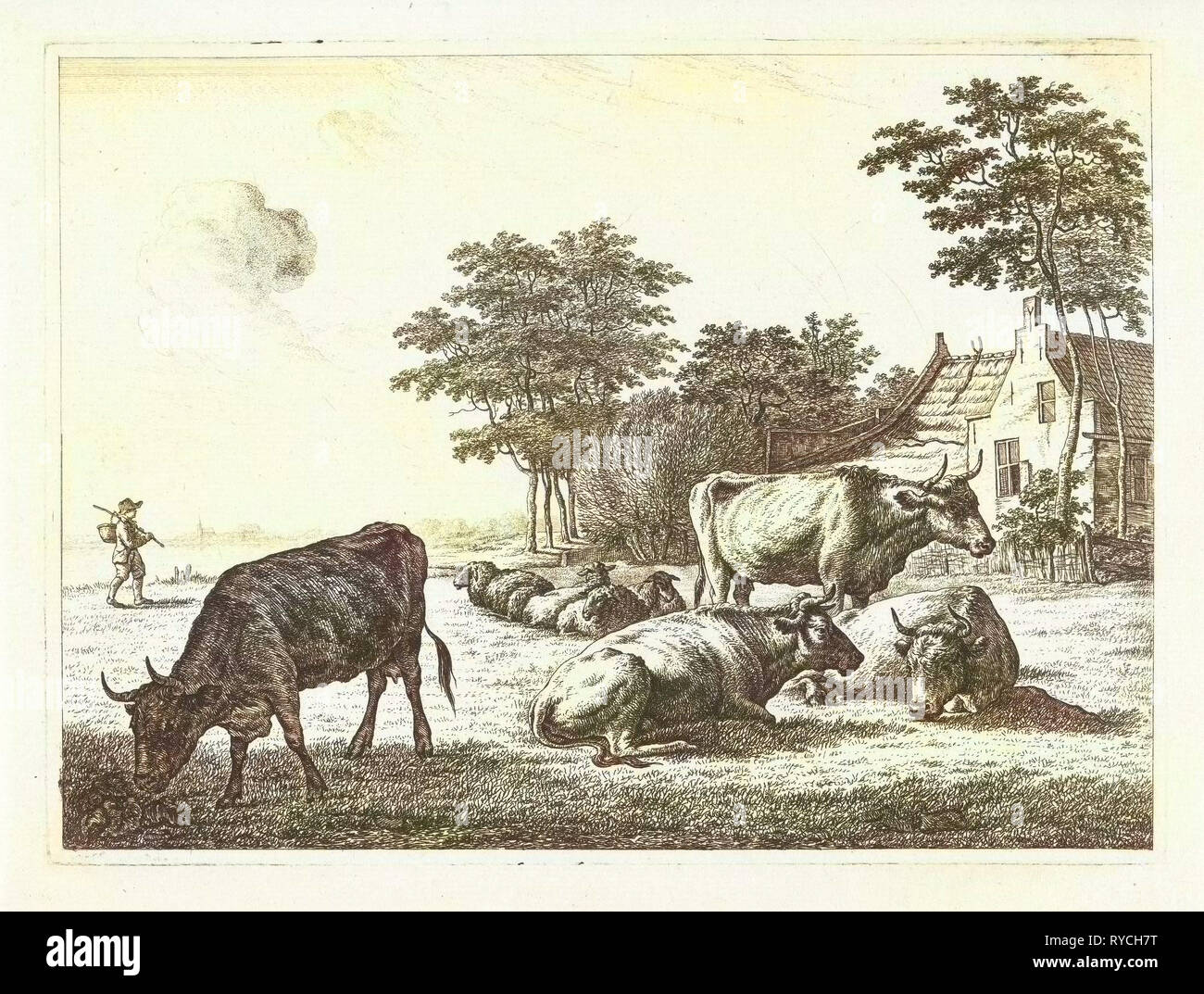Cows and sheep lying in meadow before a farm, John of Cuylenburgh, 1820 Stock Photo
