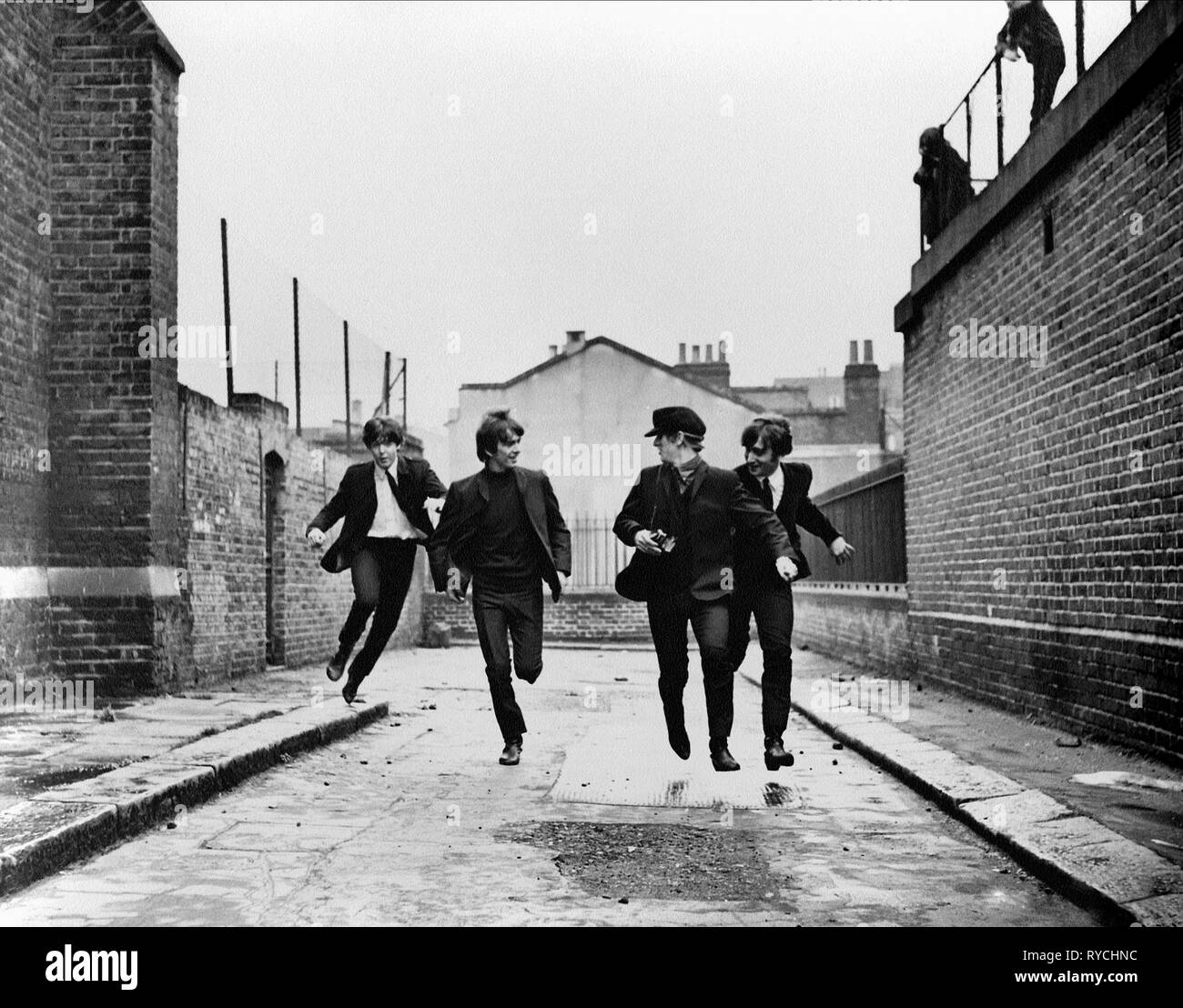 PAUL MCCARTNEY, GEORGE HARRISON, RINGO STARR,JOHN LENNON, A HARD DAY'S NIGHT, 1964 Stock Photo