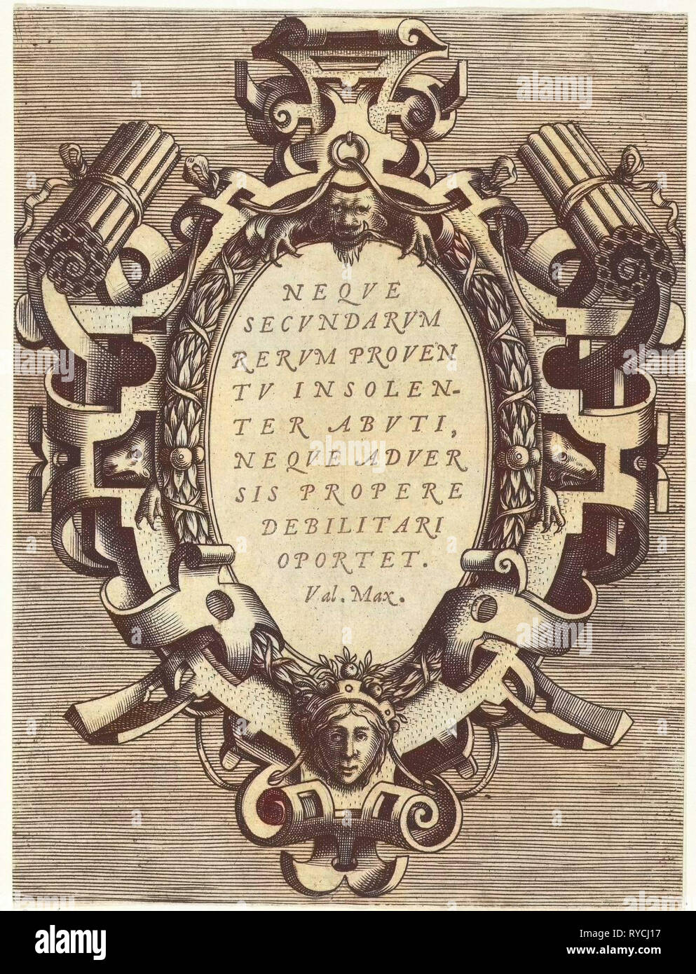 Oval cartouche with a quote from Valerius Maximus, print maker: Frans Huys, Hans Vredeman de Vries, Gerard de Jode, 1555 Stock Photo