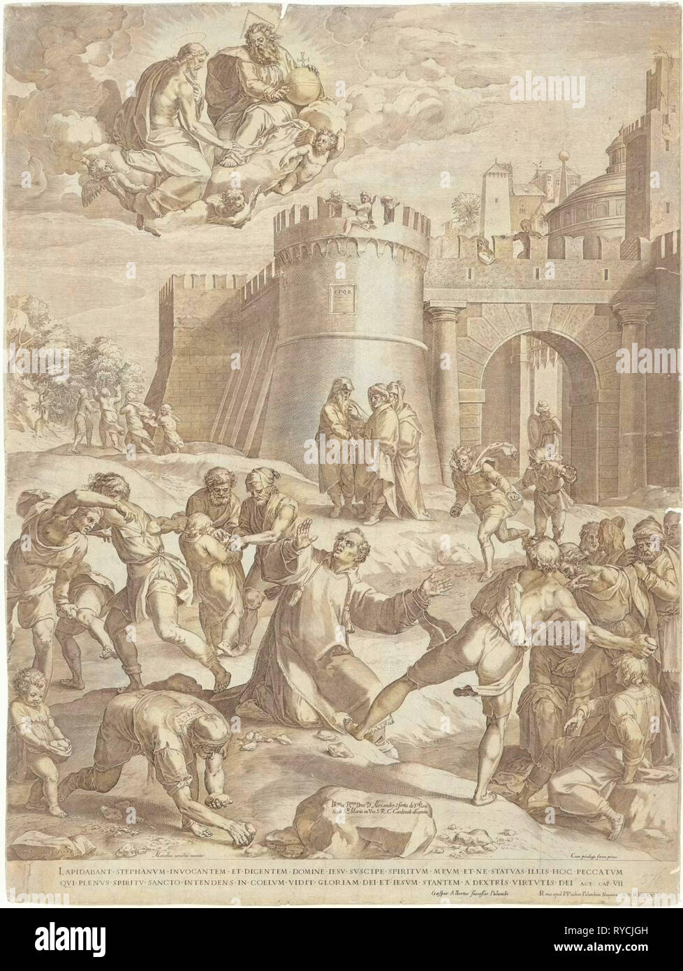 Stoning of St. Stephen, print maker: Cornelis Cort, Marcello Venusti, Gaspar Albertus, 1576 Stock Photo