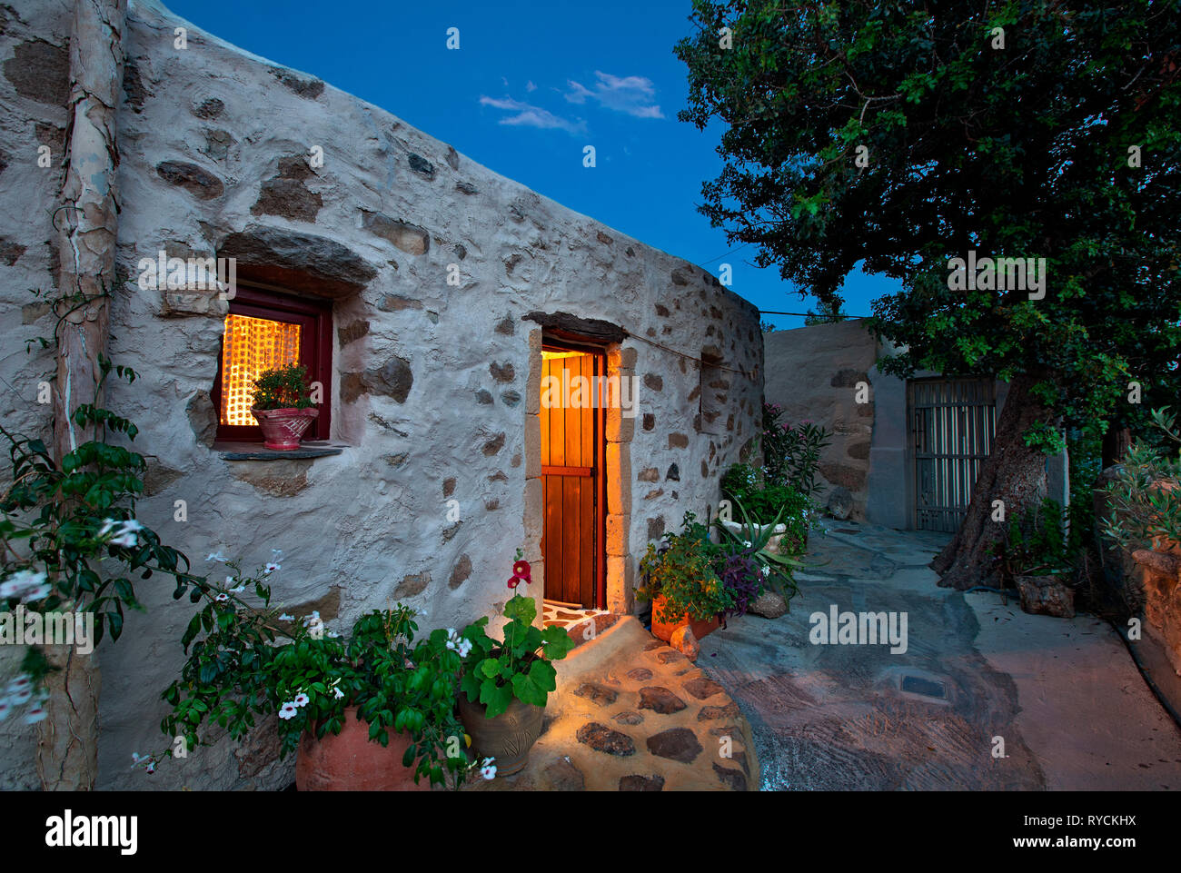 Excellent sample of traditional Cretan rural architecture, as these old cottages have been converted to beautiful bungalows, close to Makrygialos. Stock Photo