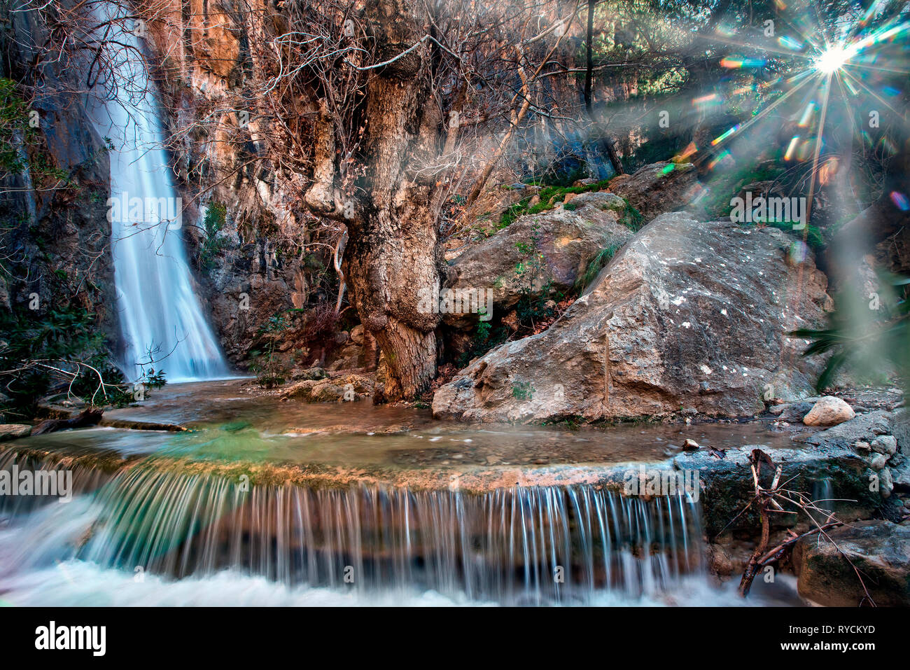 Mylonas waterfall at Kakia Skala, somewhere between Agios Ioannis, Koutsounari and Ferma villages, about 10 km E of Ierapetra, Lasithi, Crete, Greece, Stock Photo