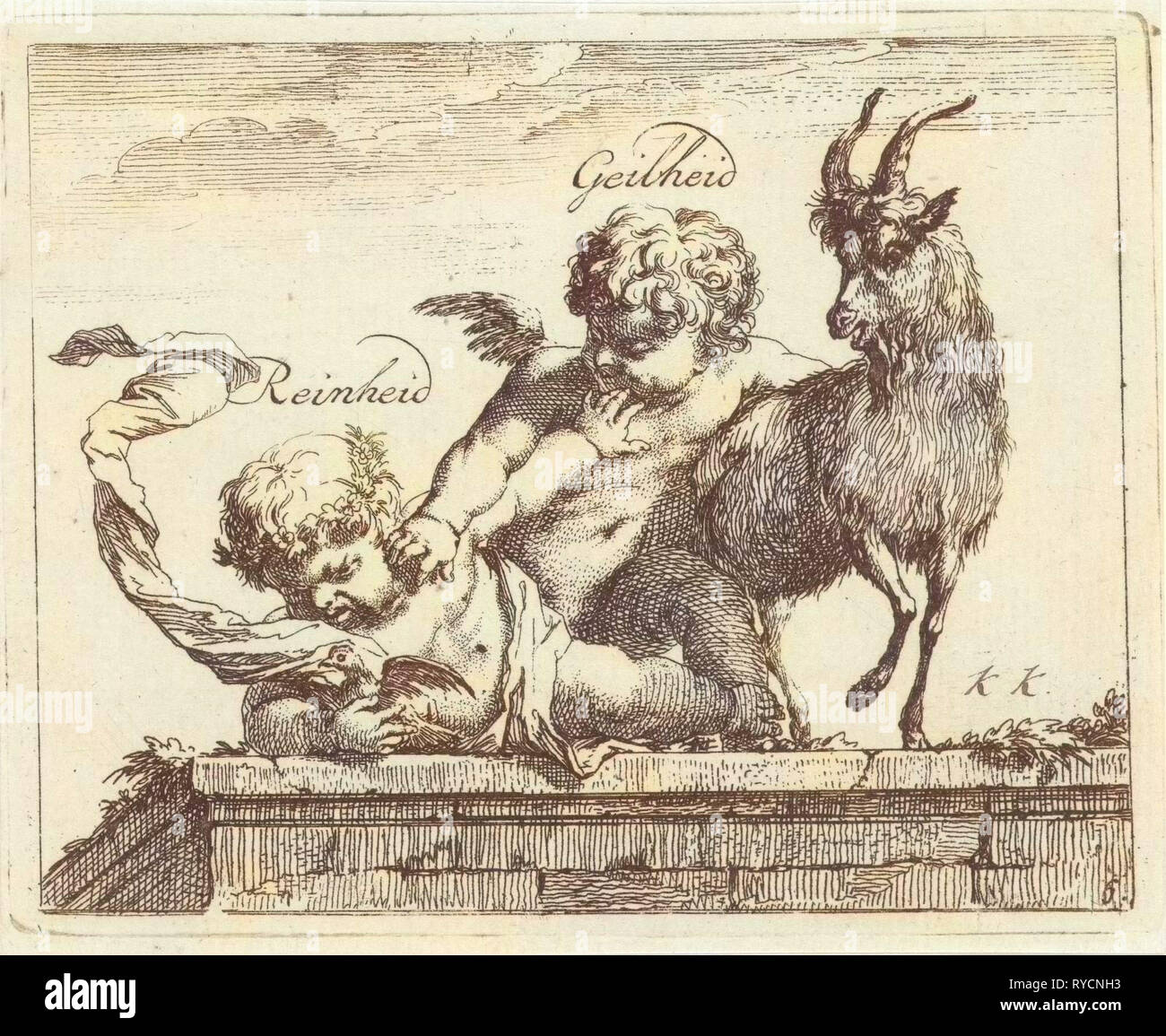 Battle between Purity and horniness, Arnold Houbraken, 1710 - 1719 Stock Photo