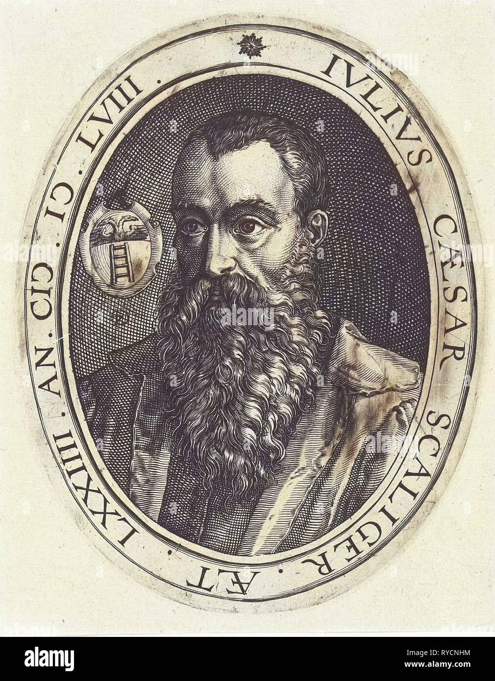 Portrait of Julius Caesar Scaliger, print maker: Zacharias Dolendo, Hendrick Goltzius, c. 1590 - c. 1601 Stock Photo