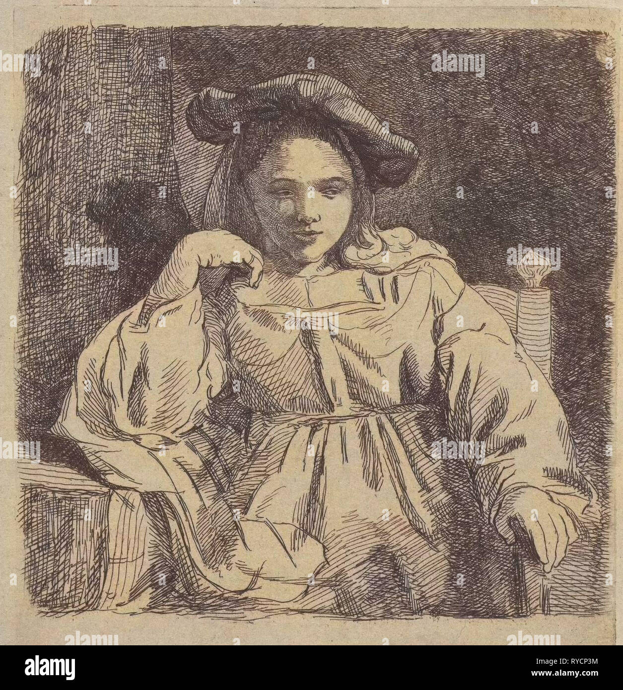Sitting girl, David van der Kellen (II), Rembrandt Harmensz. van Rijn, 1814 - 1859 Stock Photo