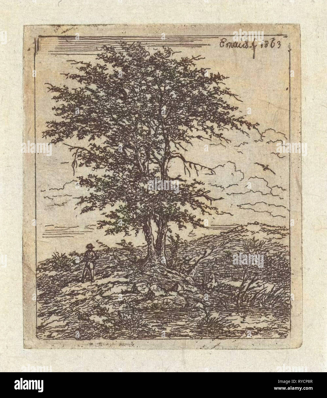 Landscape with oak and hunter, Gerardus Emaus de Micault, 1863 Stock Photo
