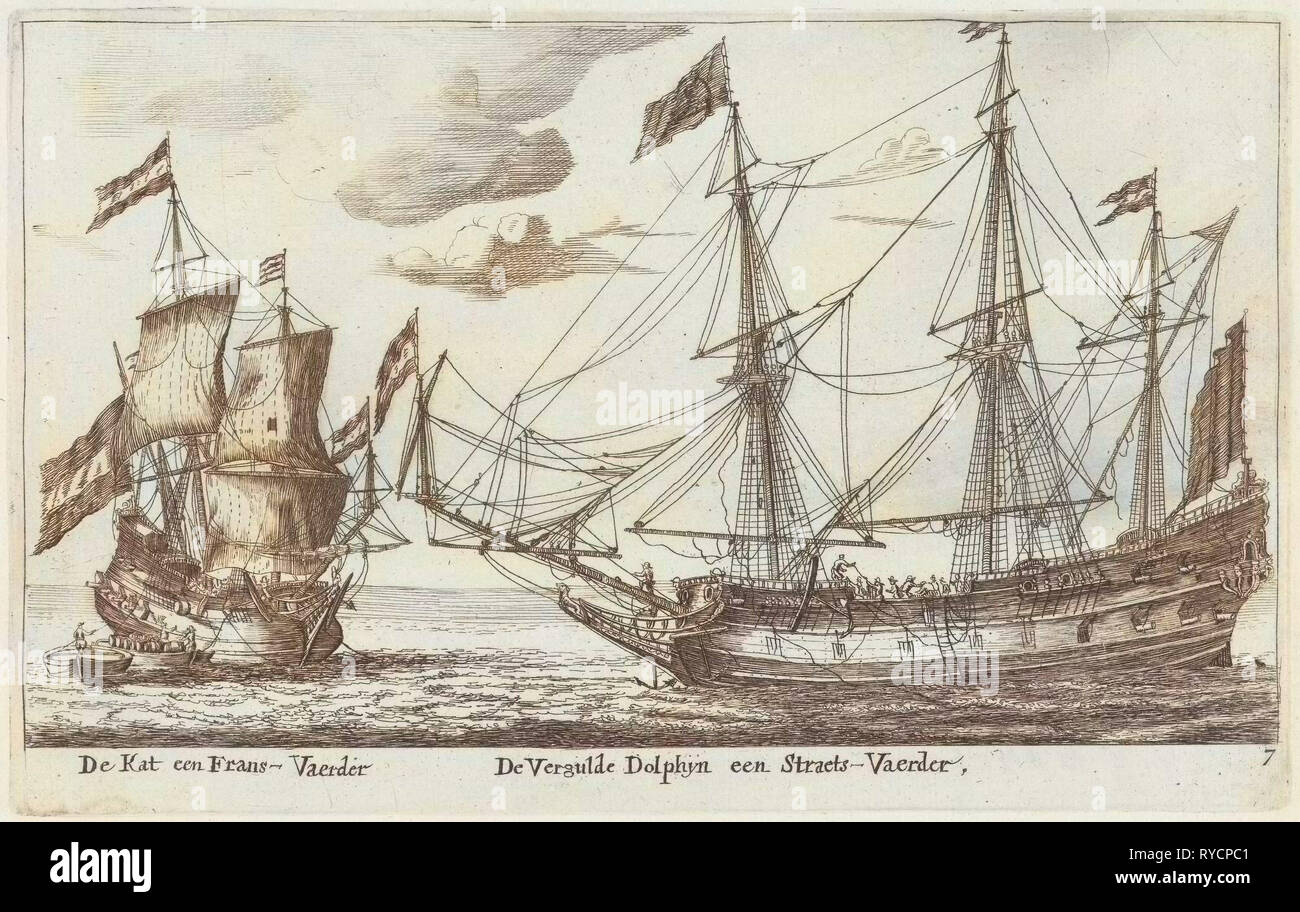 The ships Vergulde Dolfijn and De Kat, print maker: Anonymous, 1652 - 1714 Stock Photo