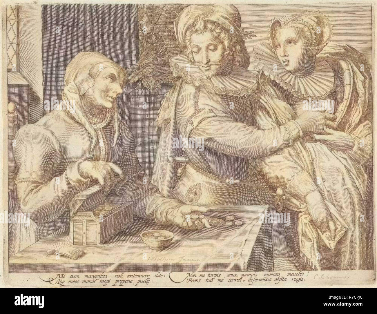 Young couple and an old woman with money box (Unequal love), Anonymous, Jan Saenredam, Hendrick Goltzius, 1589 - 1607 Stock Photo