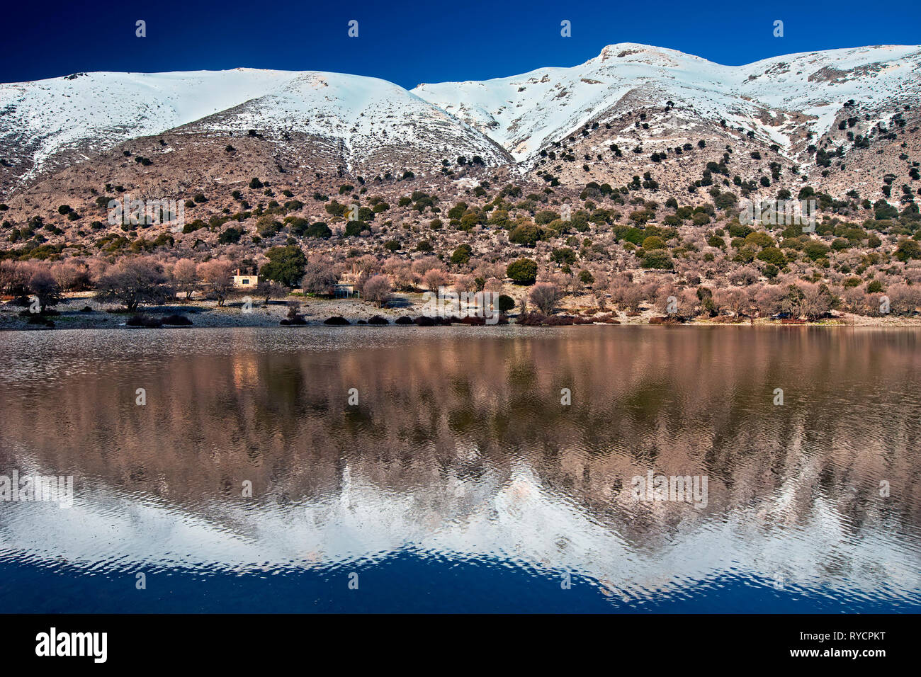 The seasonal lake of Omalos Plateau (also known as 'Mikros Omalos' or 'Amalos'), Viannos municipality, Heraklion, south Crete, Greece. Stock Photo