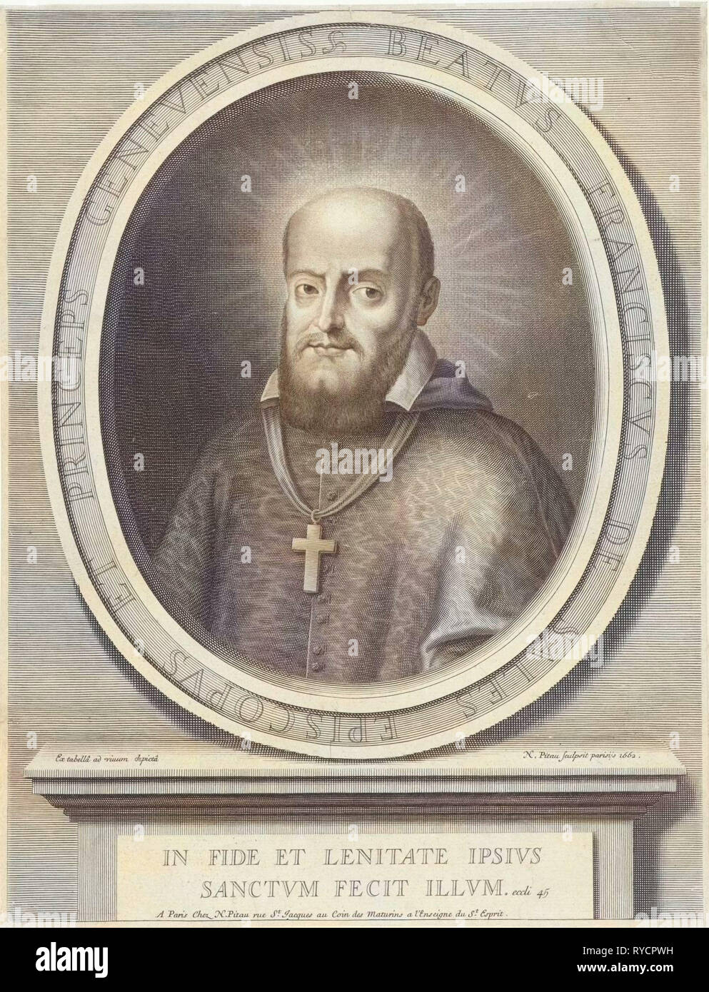 Portrait of St. Francis de Sales, a halo behind his head, he was bishop of Geneva and Annecy, on the pedestal a Bible quote, print maker: Nicolas Pitau (I) (mentioned on object), Dating 1662 Stock Photo