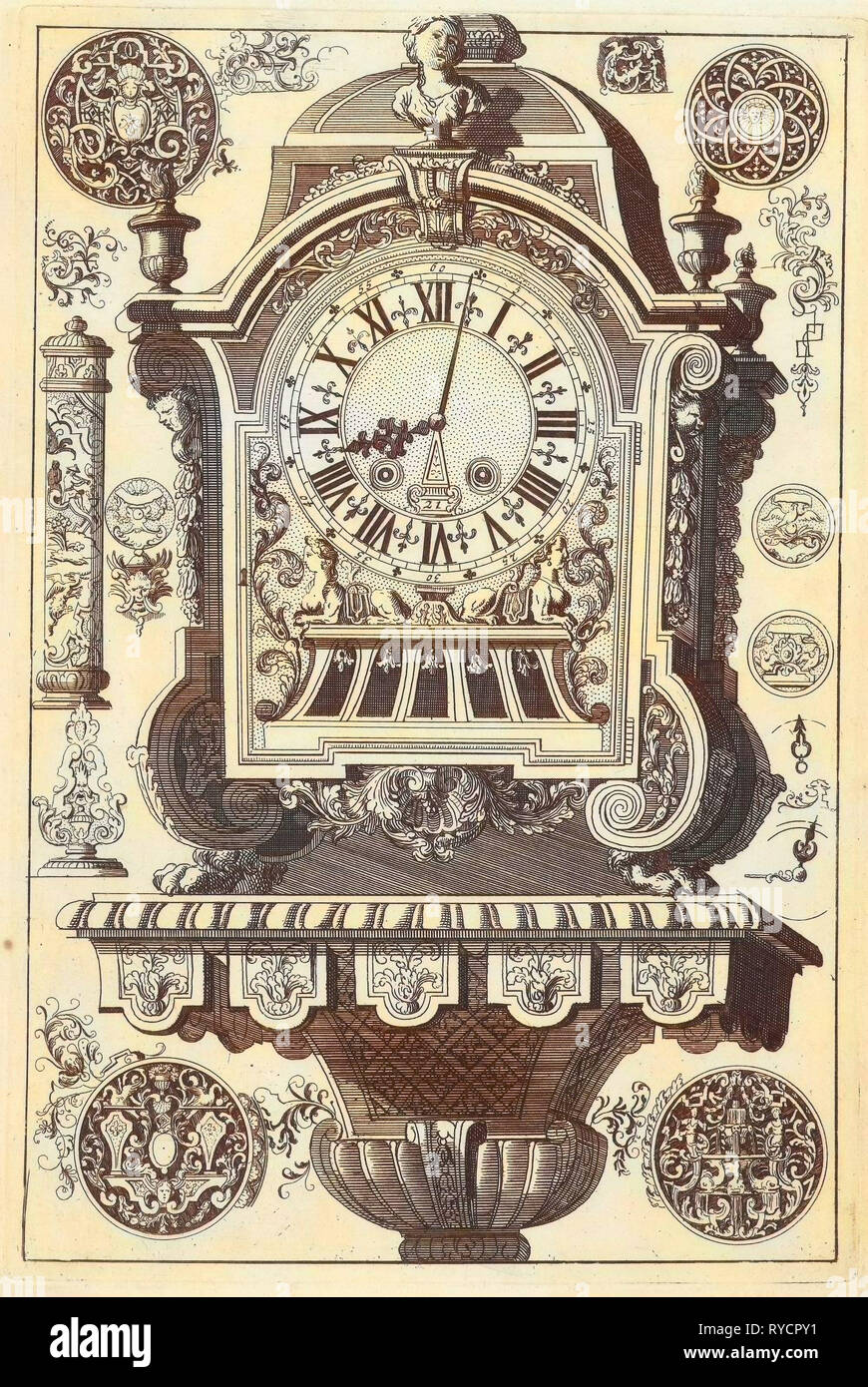 Clock on console awarded bust, Daniël Marot (I), Anonymous, Anonymous, after 1706 - before 1800 Stock Photo