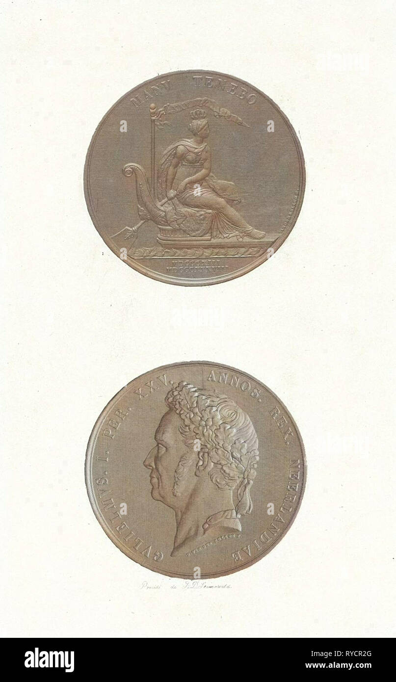 The front and back of a coin to commemorate the 25th anniversary of king William I, the portrait of Frederick William I, King of the Netherlands, print maker: Jan Dam Steuerwald (mentioned on object), Dating 1838 - 1840 Stock Photo