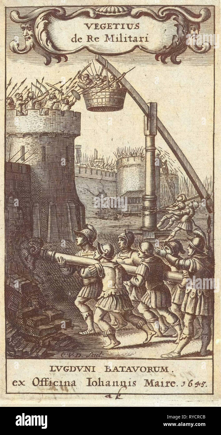 Soldiers fall fortress with a battering ram, to defend the walls of soldiers against the attack, Cornelis van Dalen (I), Joannes Maire, 1645 Stock Photo
