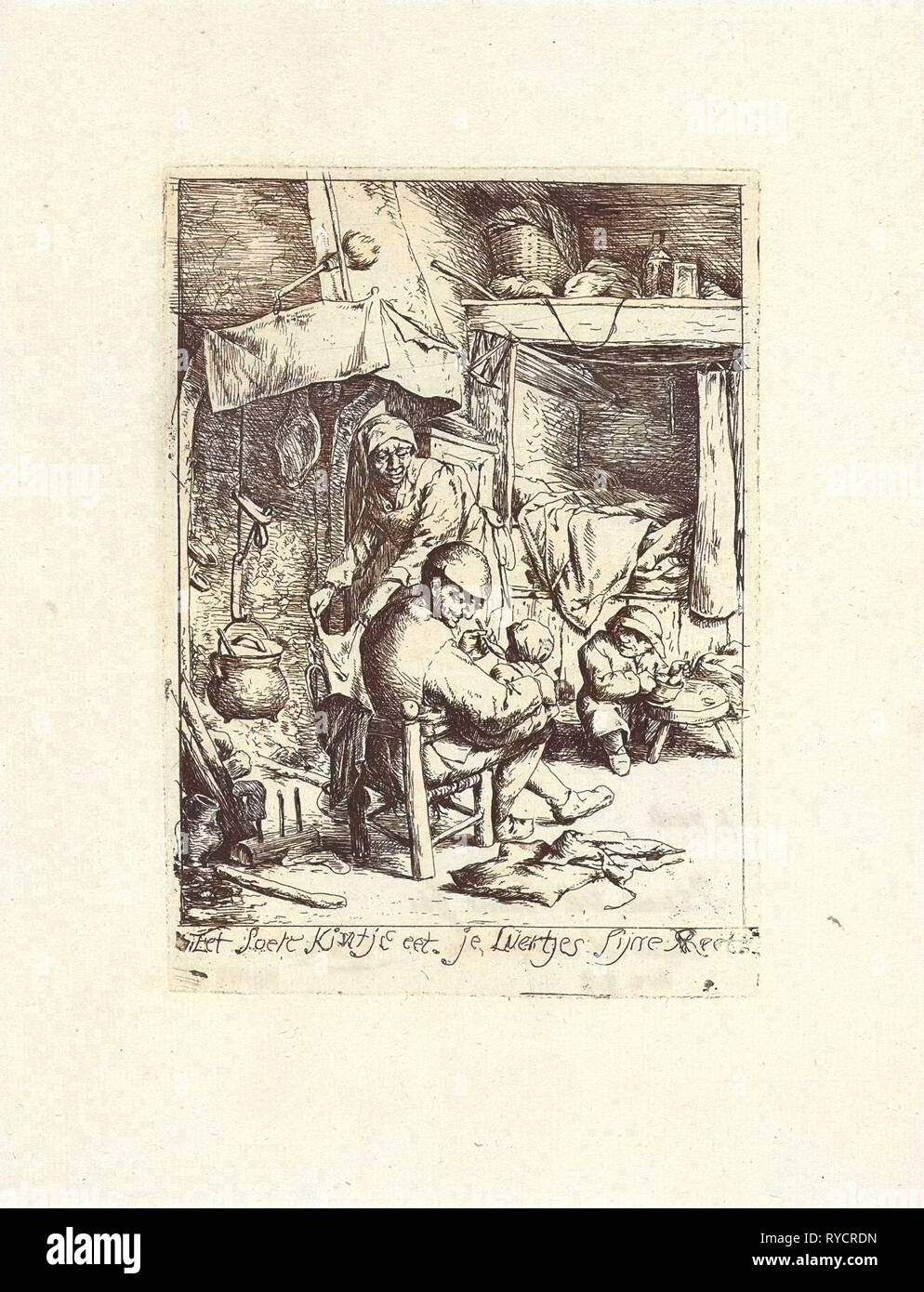 Father feeds a child, print maker: Jacob Laurensz. van der Vinne, Adriaen van Ostade, 1699 Stock Photo