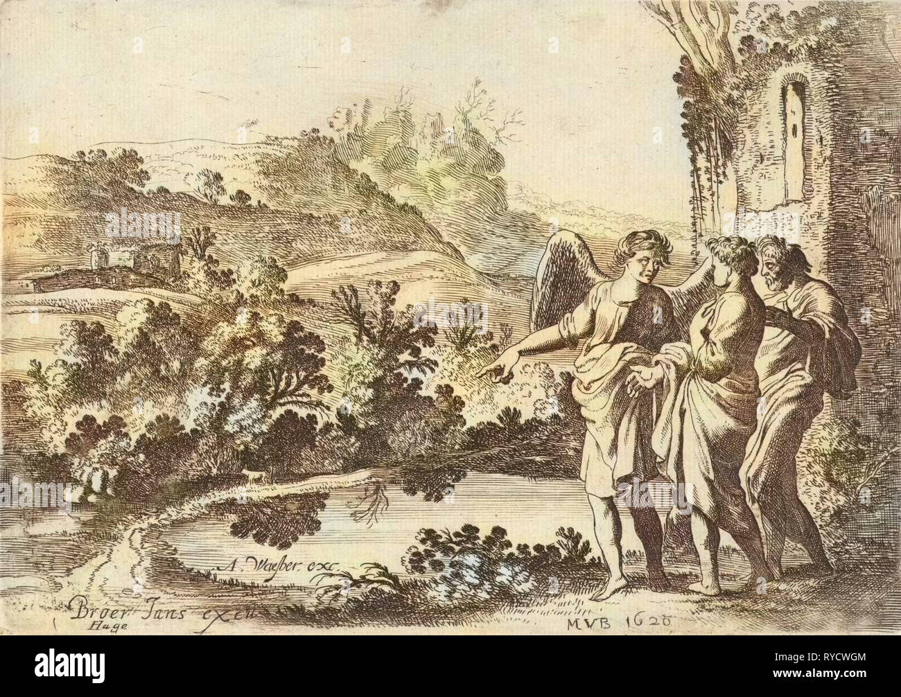 Tobias, Tobit and the Angel, Moyses van Wtenbrouck, Broer Jansz (Den Haag), Abraham van Waesberge (I), 1620 Stock Photo