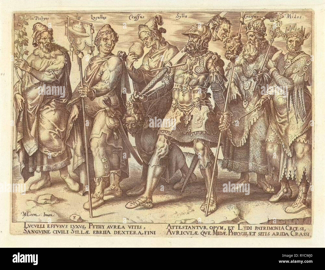 Famous and infamous rich people, Philips Galle, Hadrianus Junius, 1563 Stock Photo