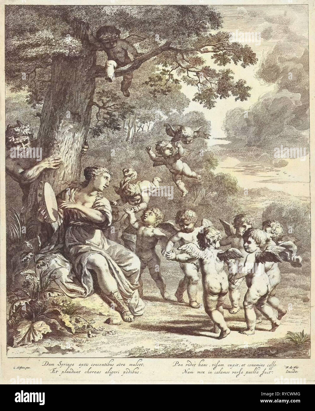 Pan and Syrinx with dancing putti, print maker: Dancker Danckerts, Cornelis Holsteyn, Frederik de Wit, 1633 - 1666 Stock Photo