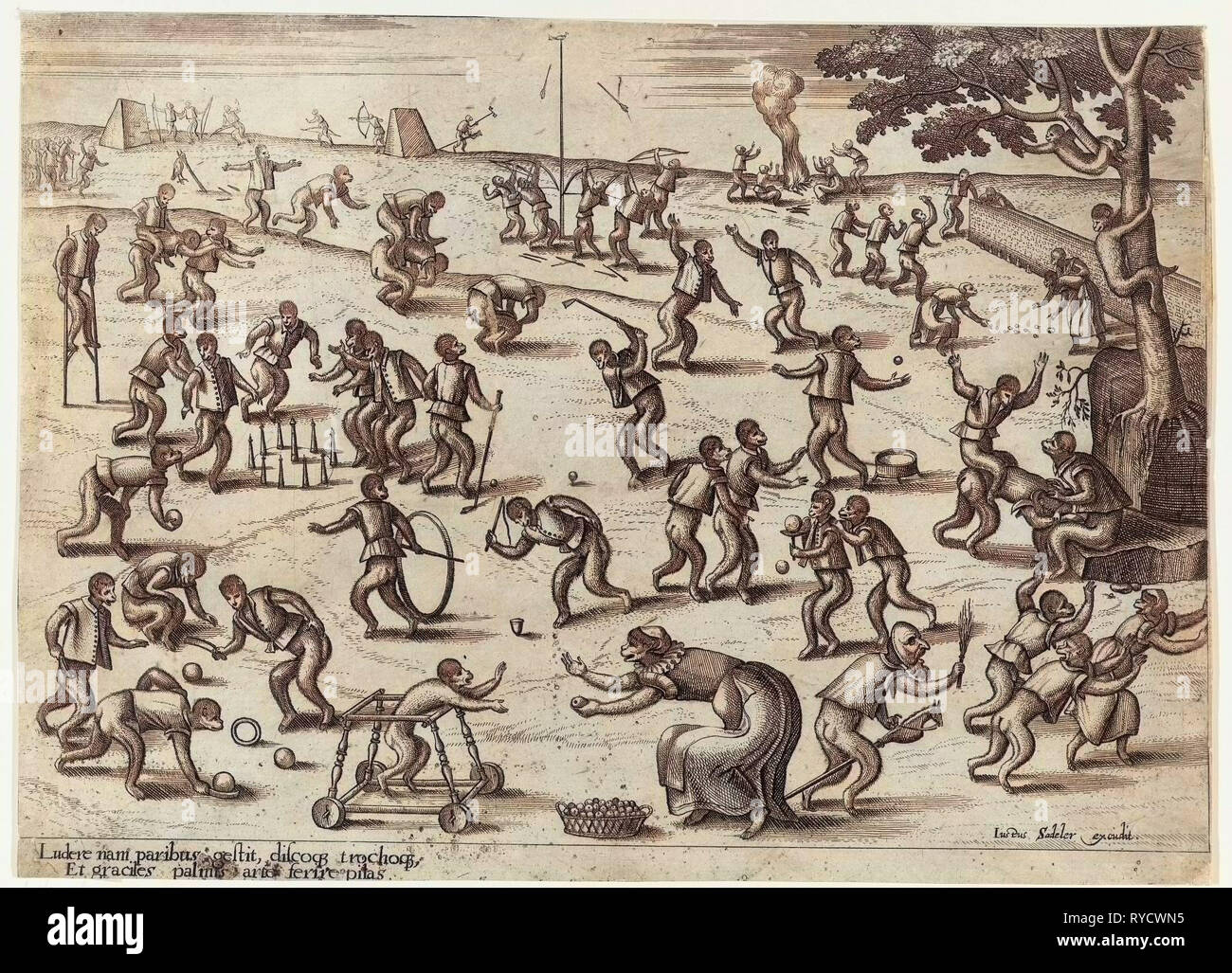Children's Games, print maker: Pieter van der Borcht I, Justus Sadeler, 1593 - 1608 Stock Photo