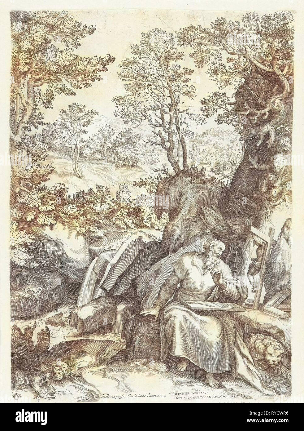 Landscape with St. Jerome who translates the Bible, Cornelis Cort, Carlo Losi, 1573 Stock Photo