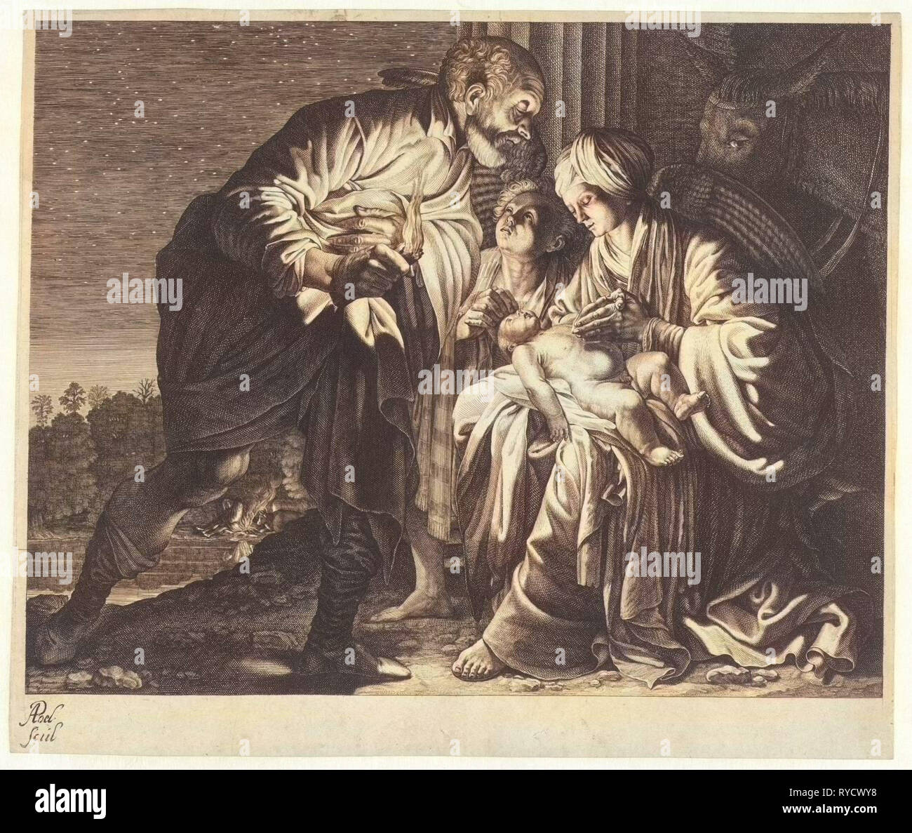 Angel warns Joseph to flee to Egypt, Albert Poel, Adam Elsheimer, 1619 - 1629 Stock Photo