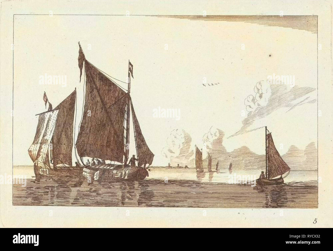 Three sailboats in calm water, print maker: Anonymous, Reinier Nooms, Chéreau possibly, 1700 - 1799 Stock Photo