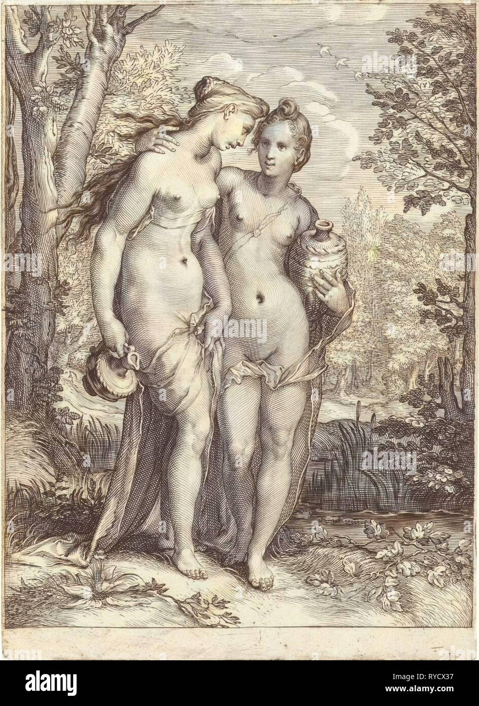 Two of Diana's nymphs with pitchers, Jan Saenredam, Hendrick Goltzius, 1616 Stock Photo