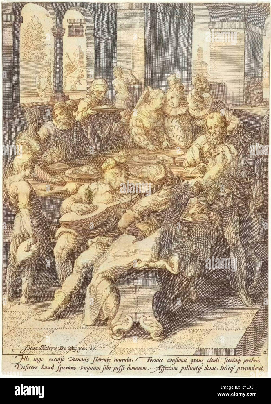 The prodigal son squanders his money on prostitutes, Jacob Matham, Franco Estius, Joost Pieters de Reyger, 1592 Stock Photo