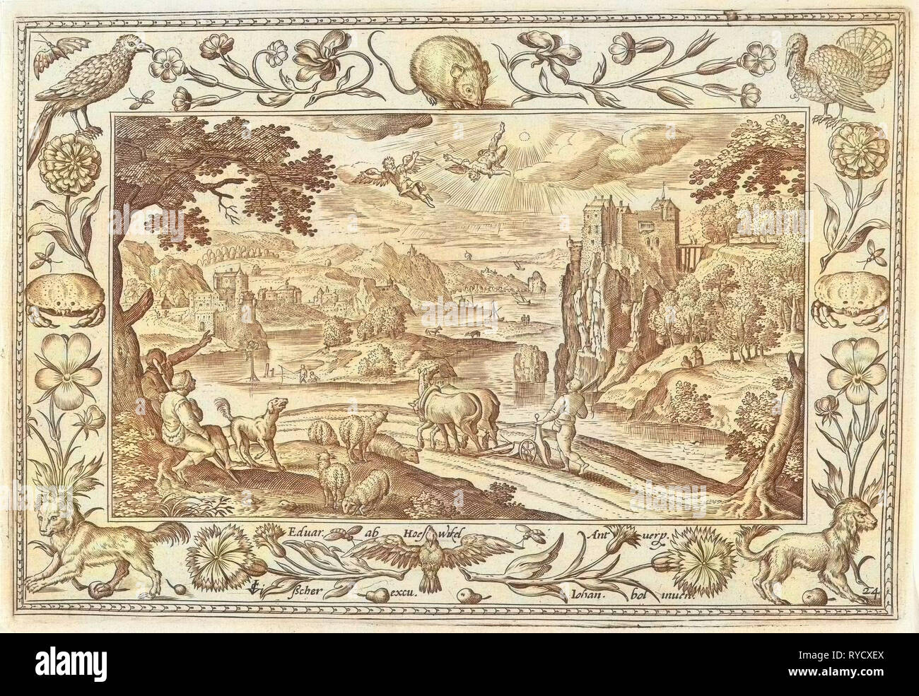 Fall of Icarus, Adriaen Collaert, Claes Jansz. Visscher (II), Eduwart van Hoeswinckel, 1584 - 1618 Stock Photo