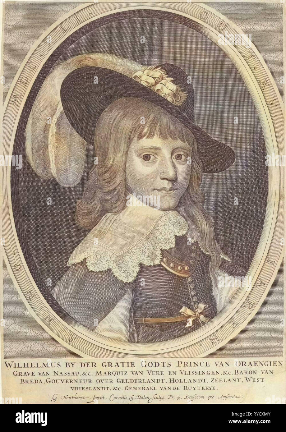 Portrait of Willem II, prins van Oranje, 15 years old, Cornelis van Dalen (I), Francoys van Beusekom, c. 1642 - c. 1665 Stock Photo
