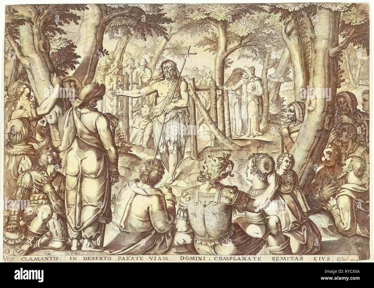 John the Baptist preaching to a group of people, print maker: Bartholomeus Willemsz. Dolendo, 1589 - 1626 Stock Photo