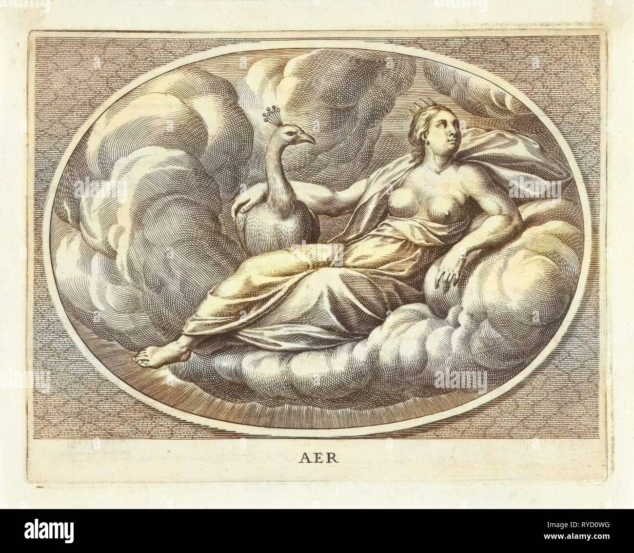 Female personifcatie element of air as the goddess Juno with peacock ...