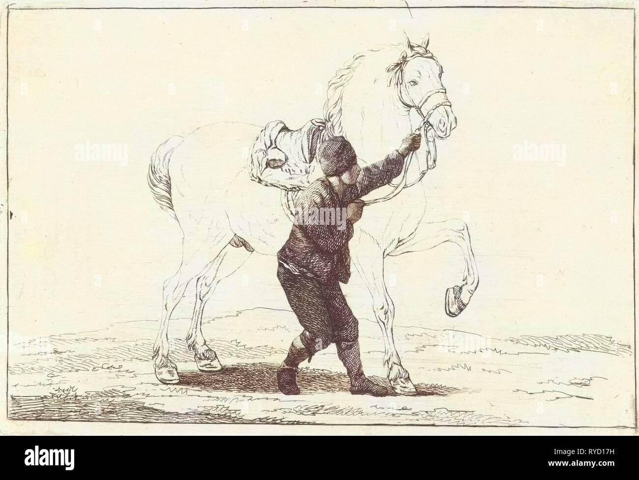 A boy holds a horse on the bridle, Joannes Bemme, 1800-1841 Stock Photo