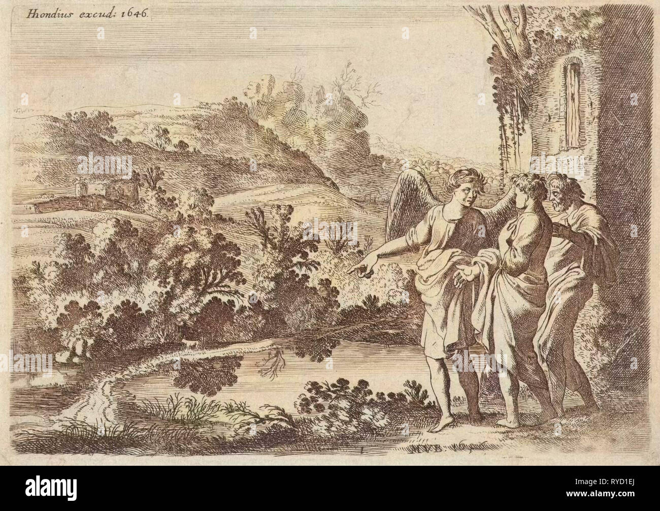 Tobias, Tobit and the Angel, Moyses van Wtenbrouck, Hendrick Hondius (I), 1620 Stock Photo