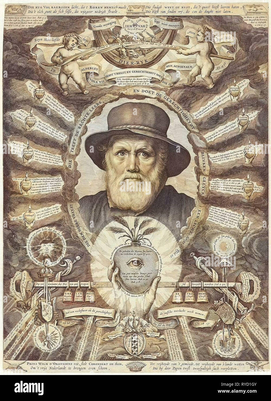 Portrait of Dirck Volckertsz Coornhert in allegorical frame, print maker: Theodor Matham, 1647 - 1650 Stock Photo