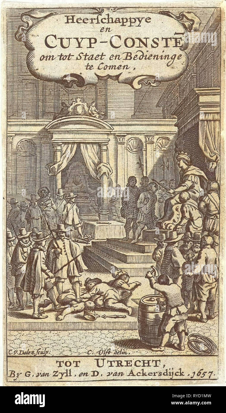 King on throne surrounded by nationals and cooper with barrel, Cornelis van Dalen II, Gijsbert van Zijll, Dirck van Ackersdijck, 1657 Stock Photo