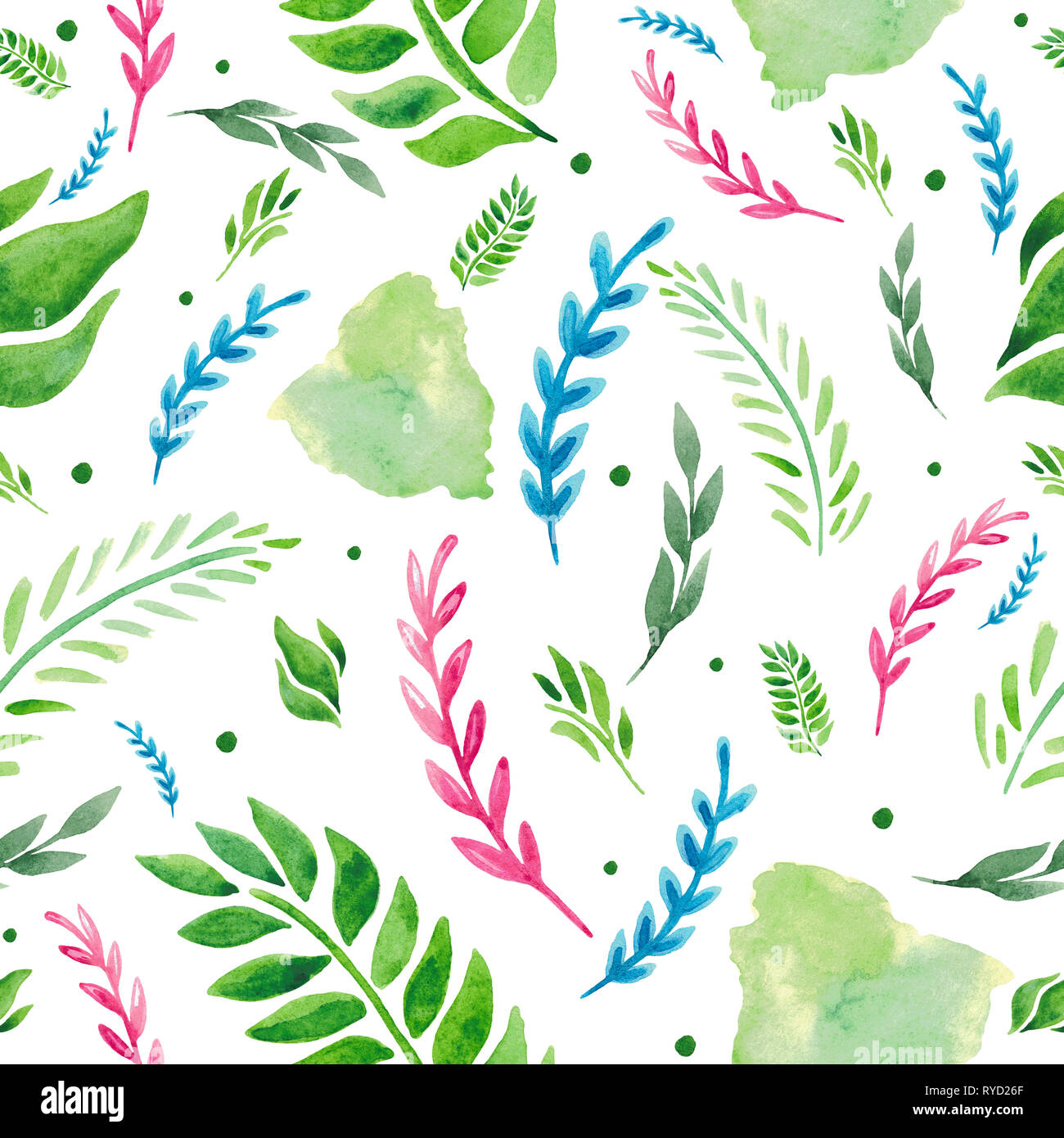 Watercolor seamless pattern spring leaves branches spots. Plant illustration eco design Stock Photo