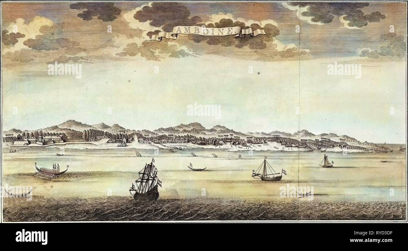 View on Ambon. Mid 18th Century Map by Jan Van Schley Stock Photo