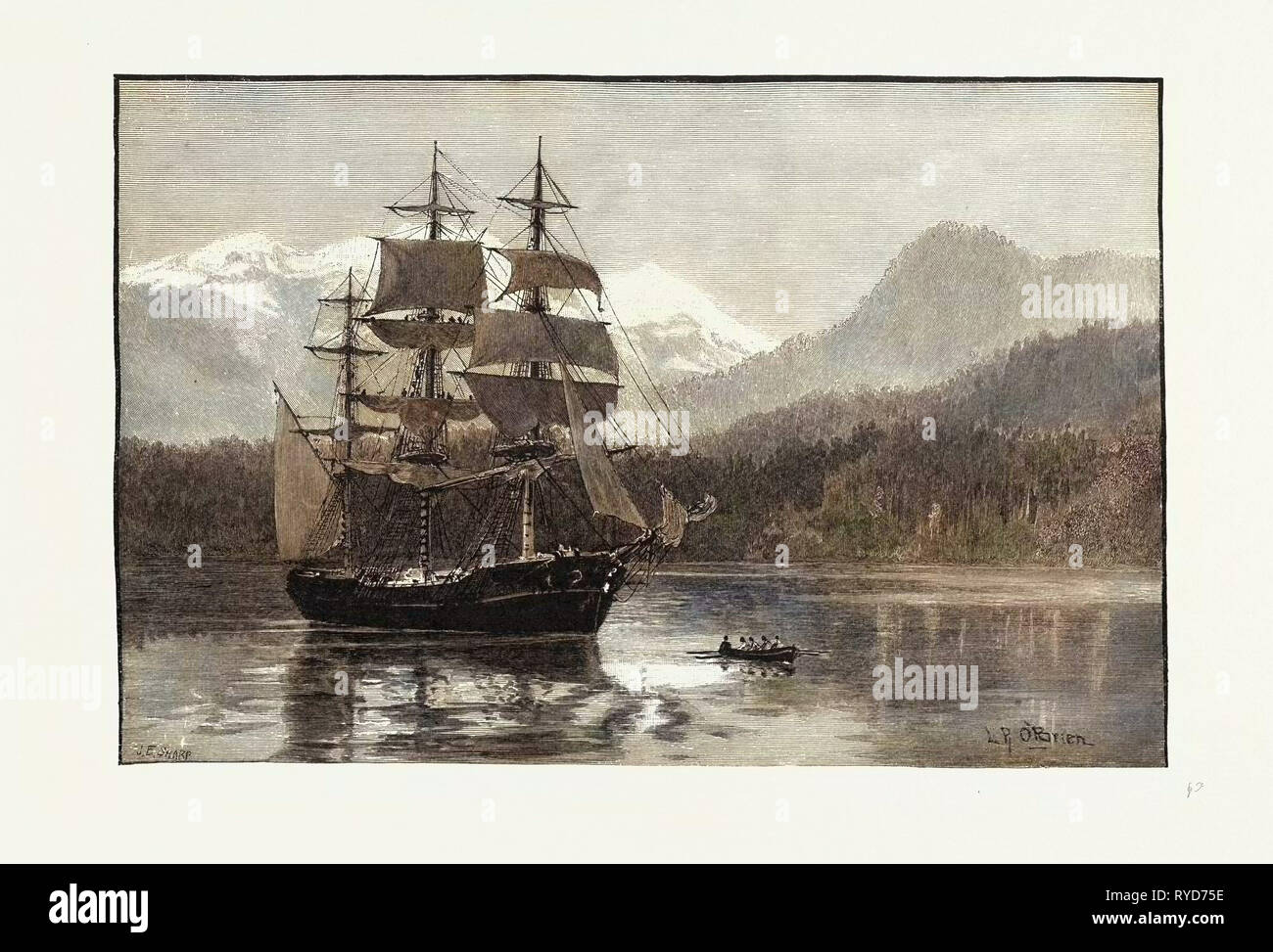 British Columbia, Port Moody, Vessel Containing First Shipment of Canada Pacific R.R. Iron, Canada, Nineteenth Century Engraving Stock Photo