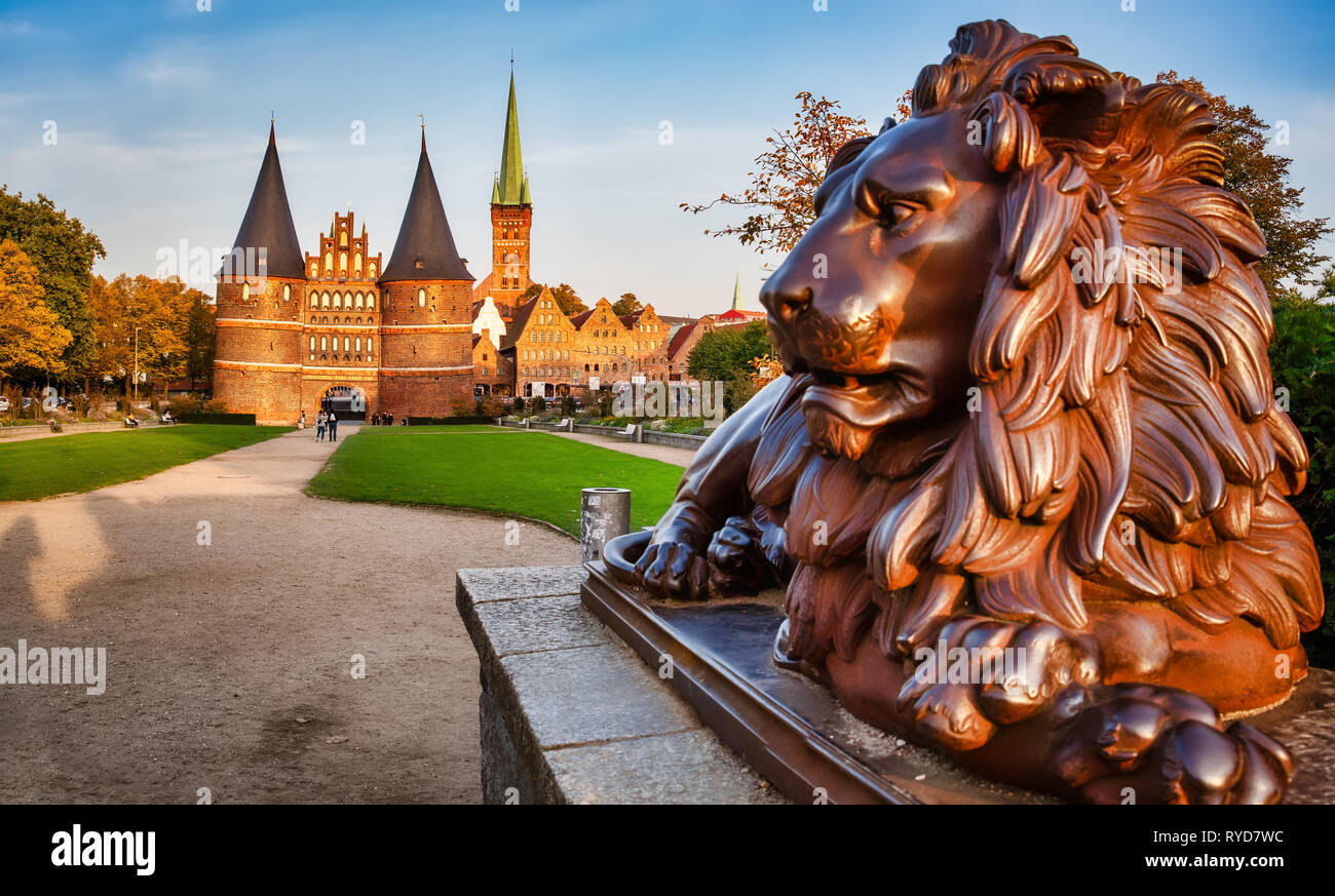 Holsten Gate (Holstentor), a city gate marking off the western boundary of the old center of Luebeck in Schleswig-Holstein, northern Germany. Stock Photo