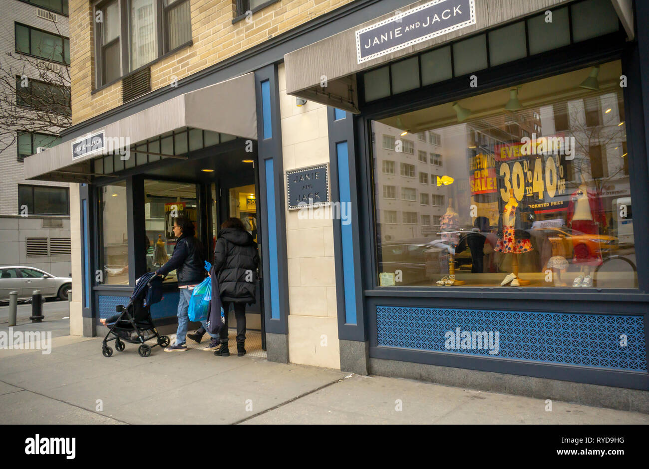 Customers at the Janie and Jack store in the Upper East Side neighborhood of New York on Sunday, March 3, 2019. Gap Inc. is buying the Janie and Jack children's fashion business, including store leases and e-commerce for $25 million form the bankrupt Gymboree. (Â© Richard B. Levine) Stock Photo