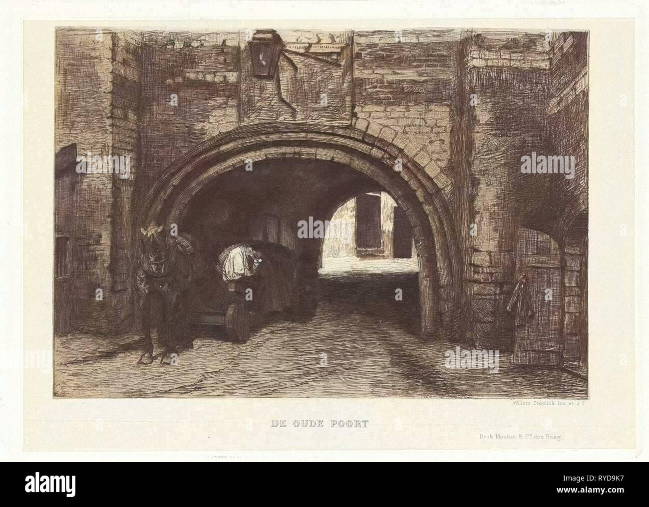 Vehicle with horse under an old port, print maker: Willem Steelink II, Mouton & Co., 1889 Stock Photo