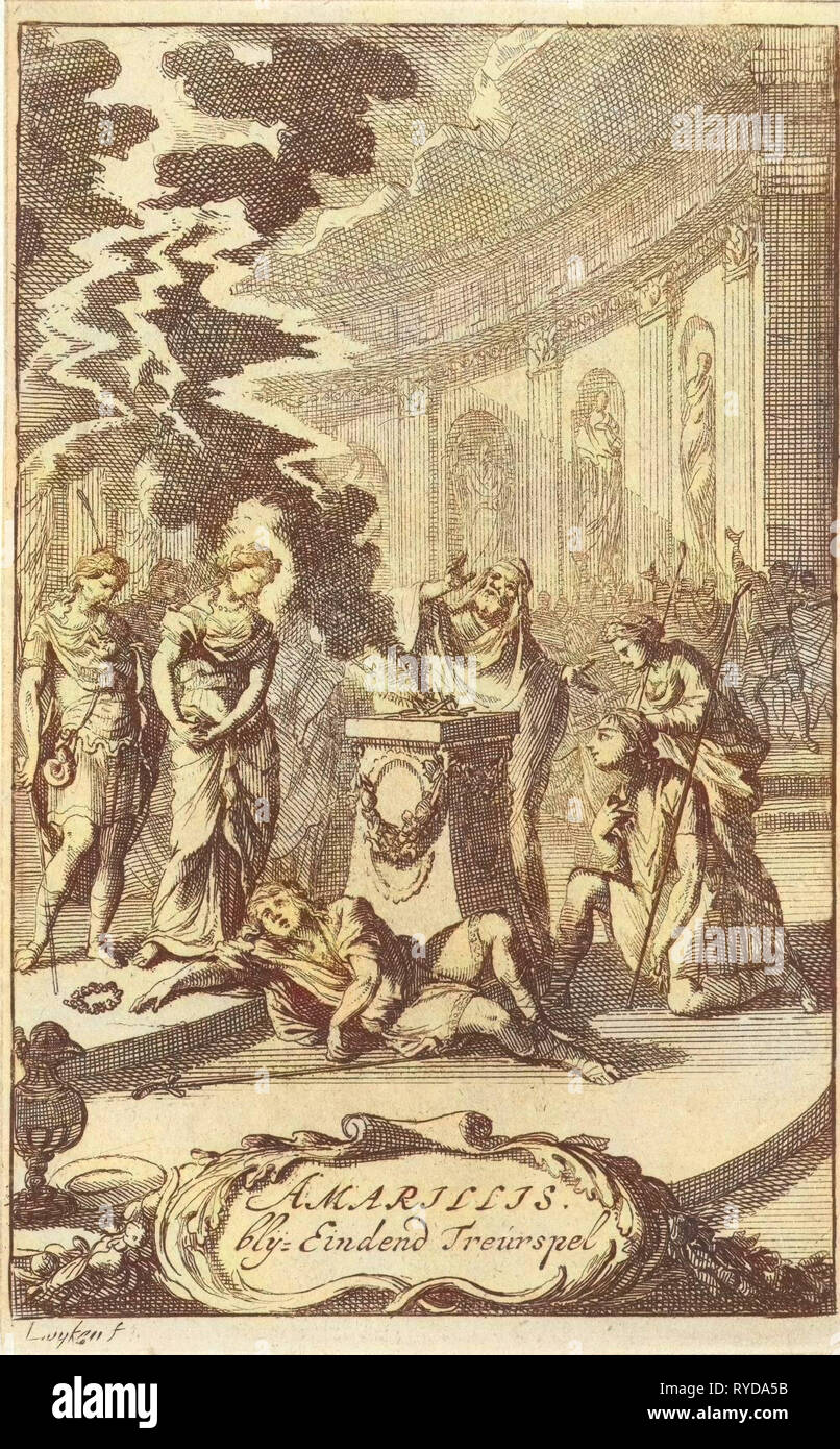 Amaryllis in a temple near the body of Damon, who was killed by lightning, Caspar Luyken, erven Jacob Lescailje, 1693 Stock Photo