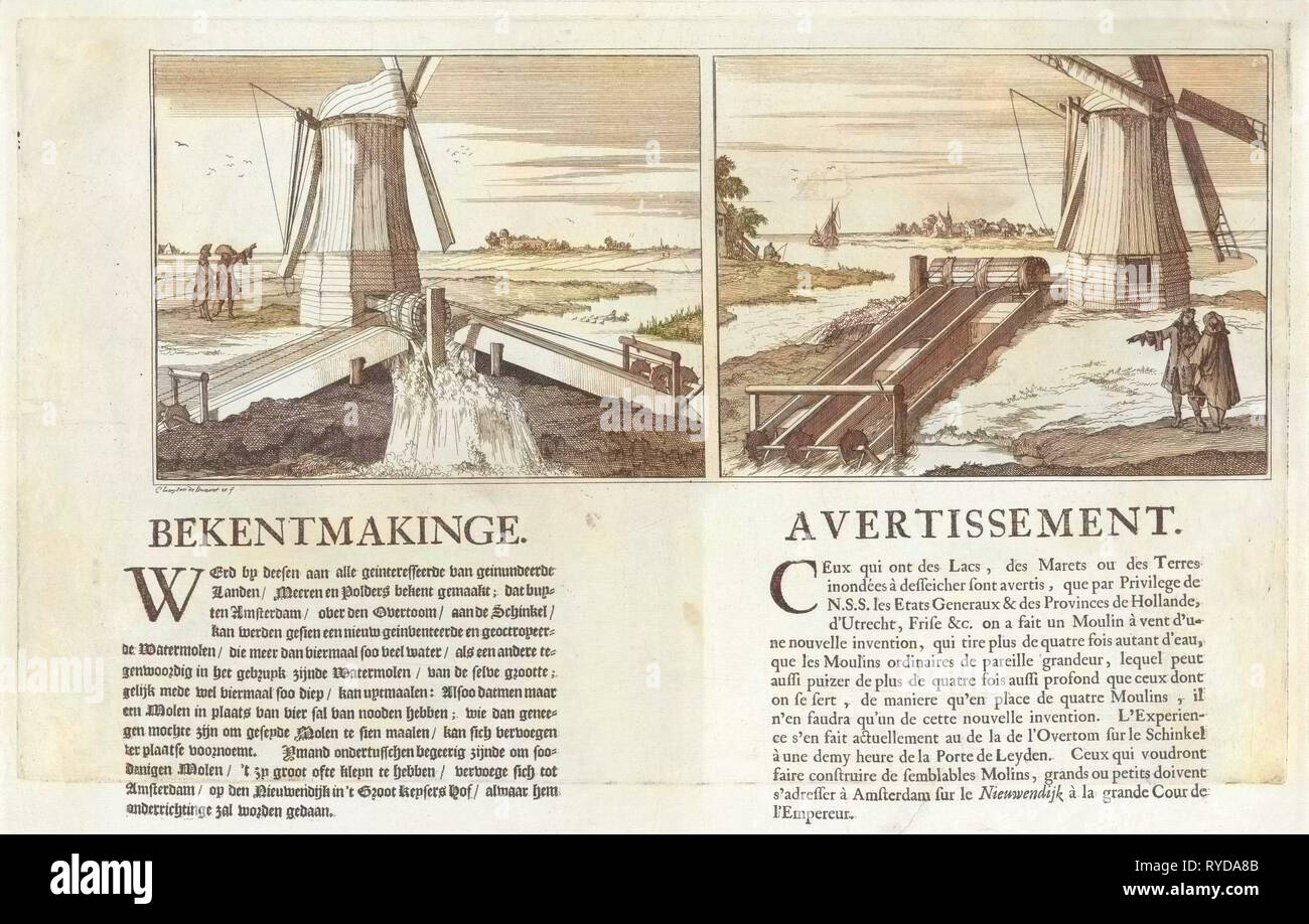 Announcement of a new type of water mill, ca. 1691, print maker: Caspar Luyken, 1691 Stock Photo