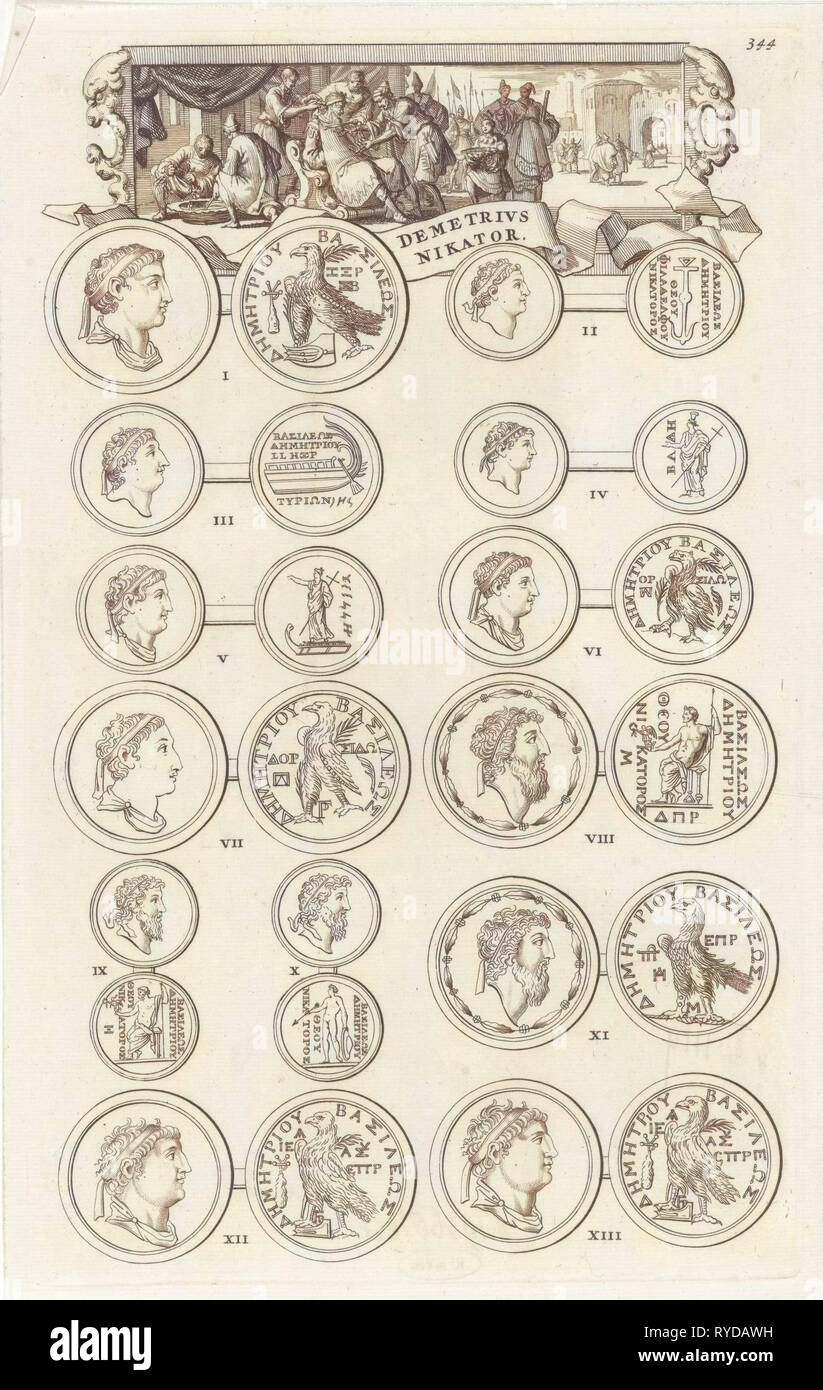 King Demetrius II Nicator taking away the sign of dignity from the imprisoned Alexander Theopater, below which eight medals can be seen, print maker: Jan Luyken, Dating 1690 Stock Photo
