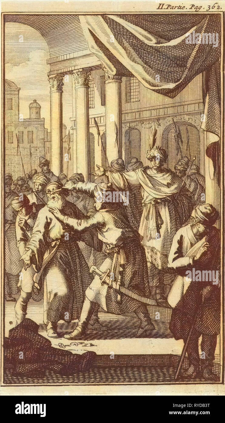 Cruelty of shah Sefi, which shows a young man cut off his father's ears and nose, print maker: Jan Luyken, Charles Angot, 1689 Stock Photo
