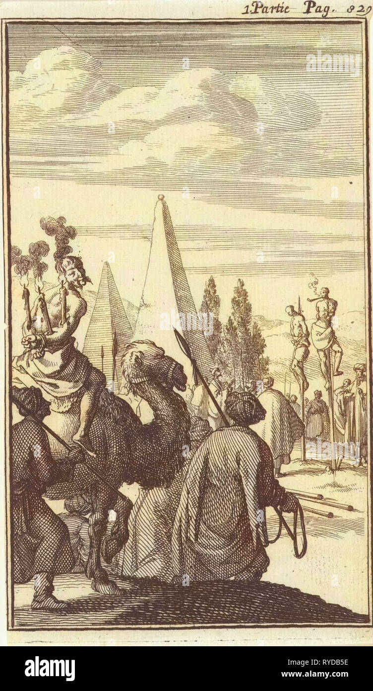 Figures impaled on a pole in Egypt as a punishment, Jan Luyken, Charles Angot, 1689 Stock Photo