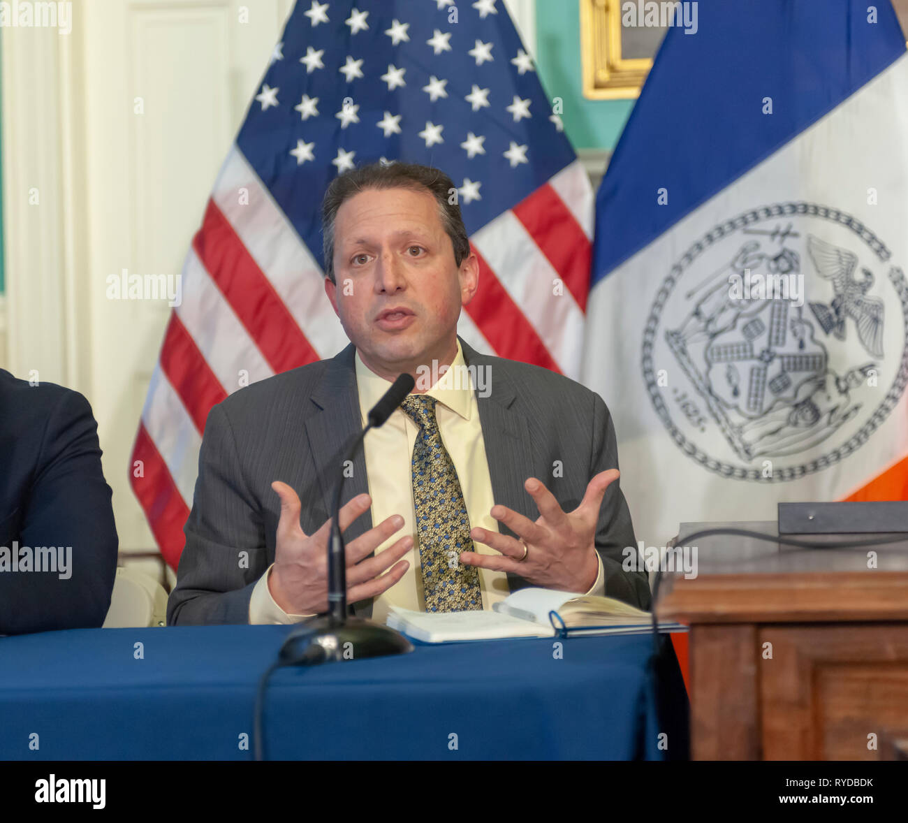 NYC Councilmember Brad Lander at a bill signing in New York City Hall on Monday, March 4, 2019 for legislation that creates a pilot program in East New York (Intro. 1004-A) that creates a pathway to the legalization of basement and cellar apartments, known in the vernacular as 'illegal 3's'. The basement apartments have to comply or be renovated to comply with the modified building code. (© Richard B. Levine) Stock Photo