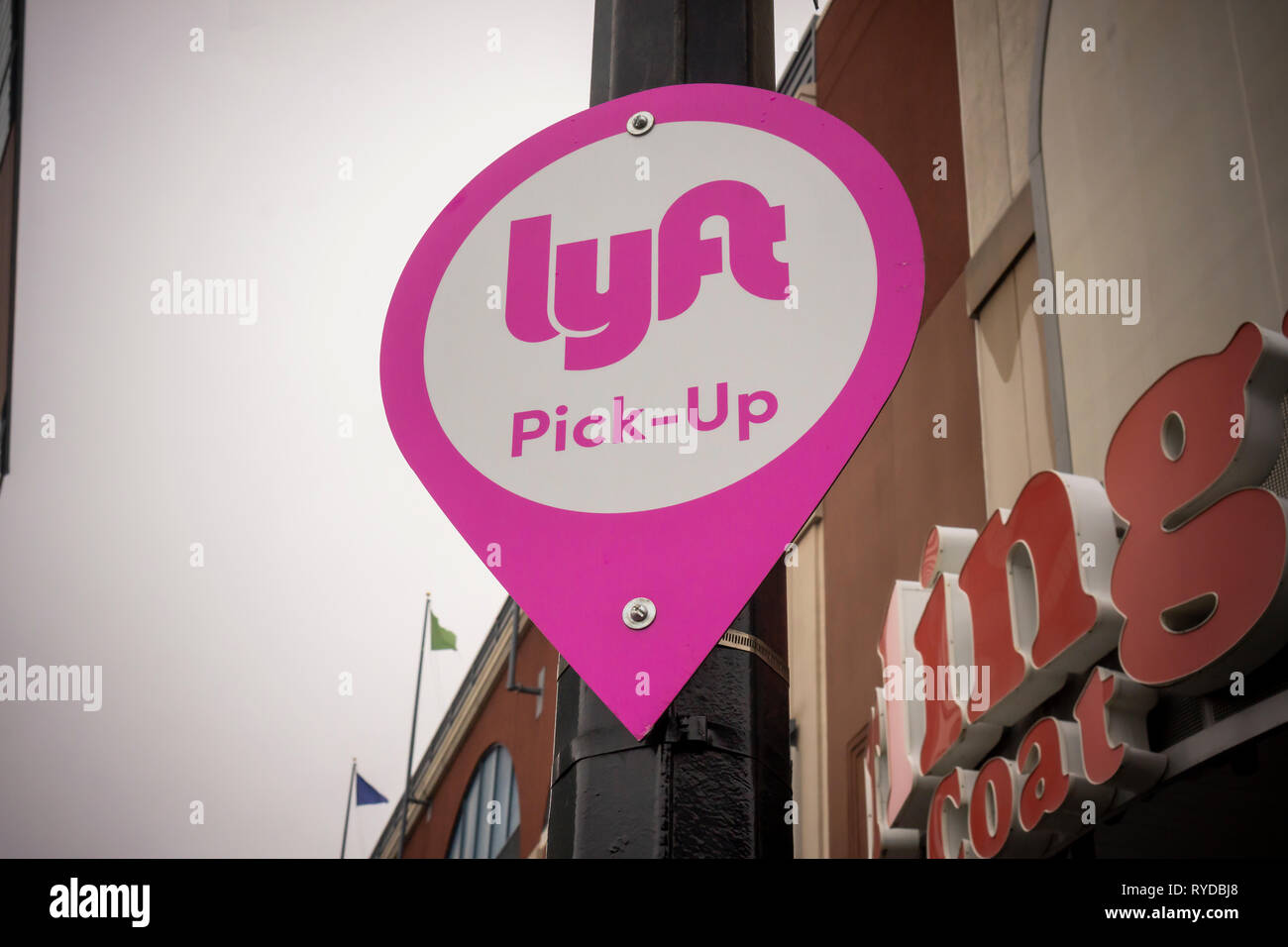 Parking in front of the Atlantic Terminal Mall in Downtown Brooklyn in New York is designated as a Lyft pick-up and drop-off location, seen on Saturday, March 2, 2019. The IPO for the ride-sharing service is reported to be as close as this month. (Â© Richard B. Levine) Stock Photo