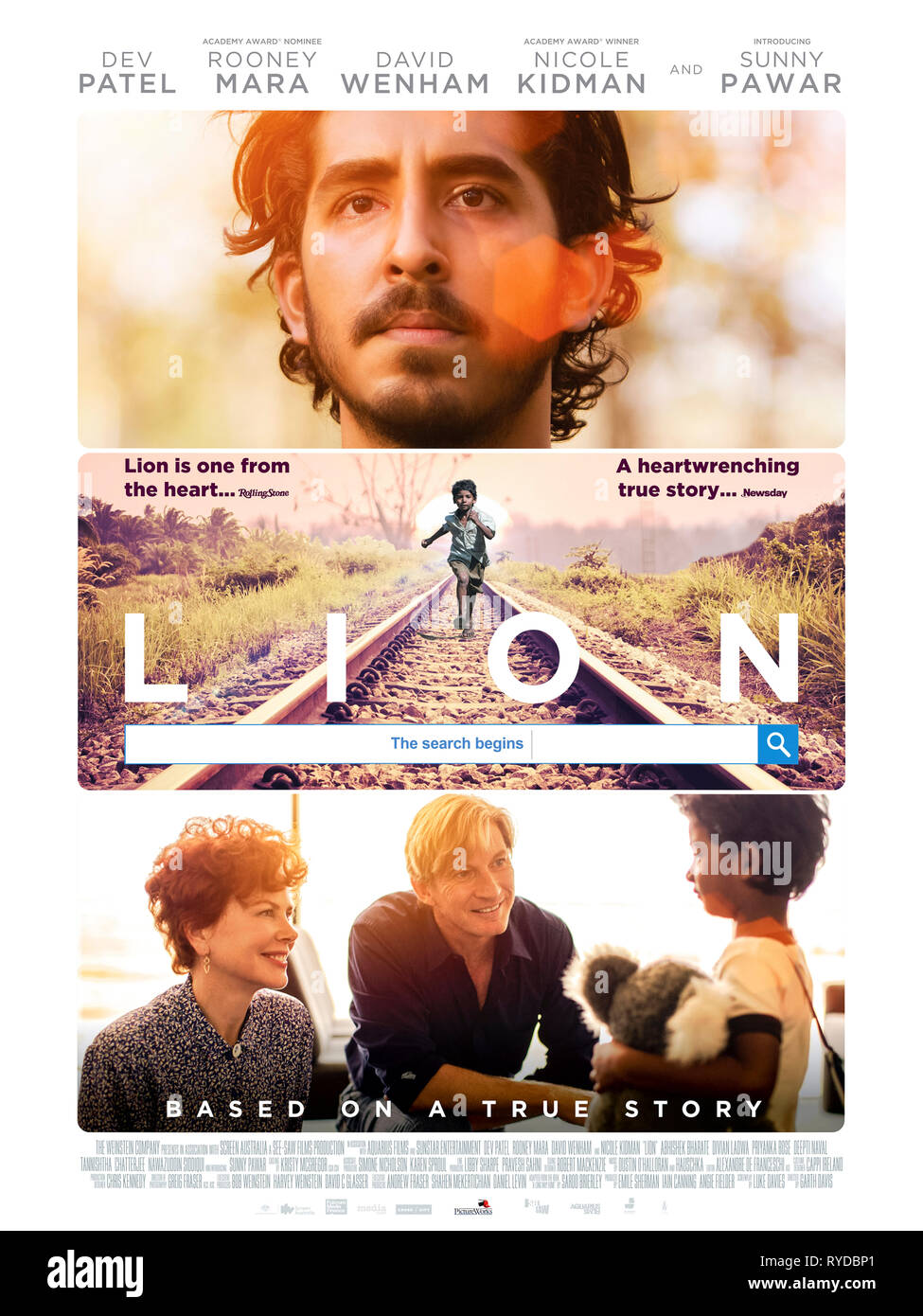 Lion (2016) directed by Garth Davis and starring Dev Patel, Nicole Kidman and Rooney Mara. Saroo from Calcutta is adopted by Australians and returns to India to find his lost family 25 years later. Stock Photo